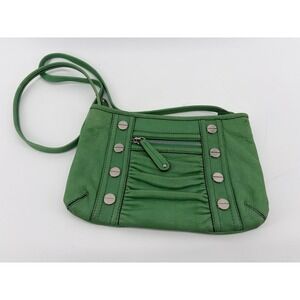 B Makowsky Smaller Green Leather Crossbody Bag Silver Hardware Zip Closure